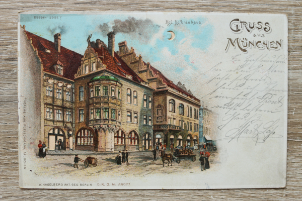 AK Gruss aus München / 1899 / Cut Out Halte gegen das Licht Litho / Kgl Hofbräuhaus Architektur Strasseenansicht